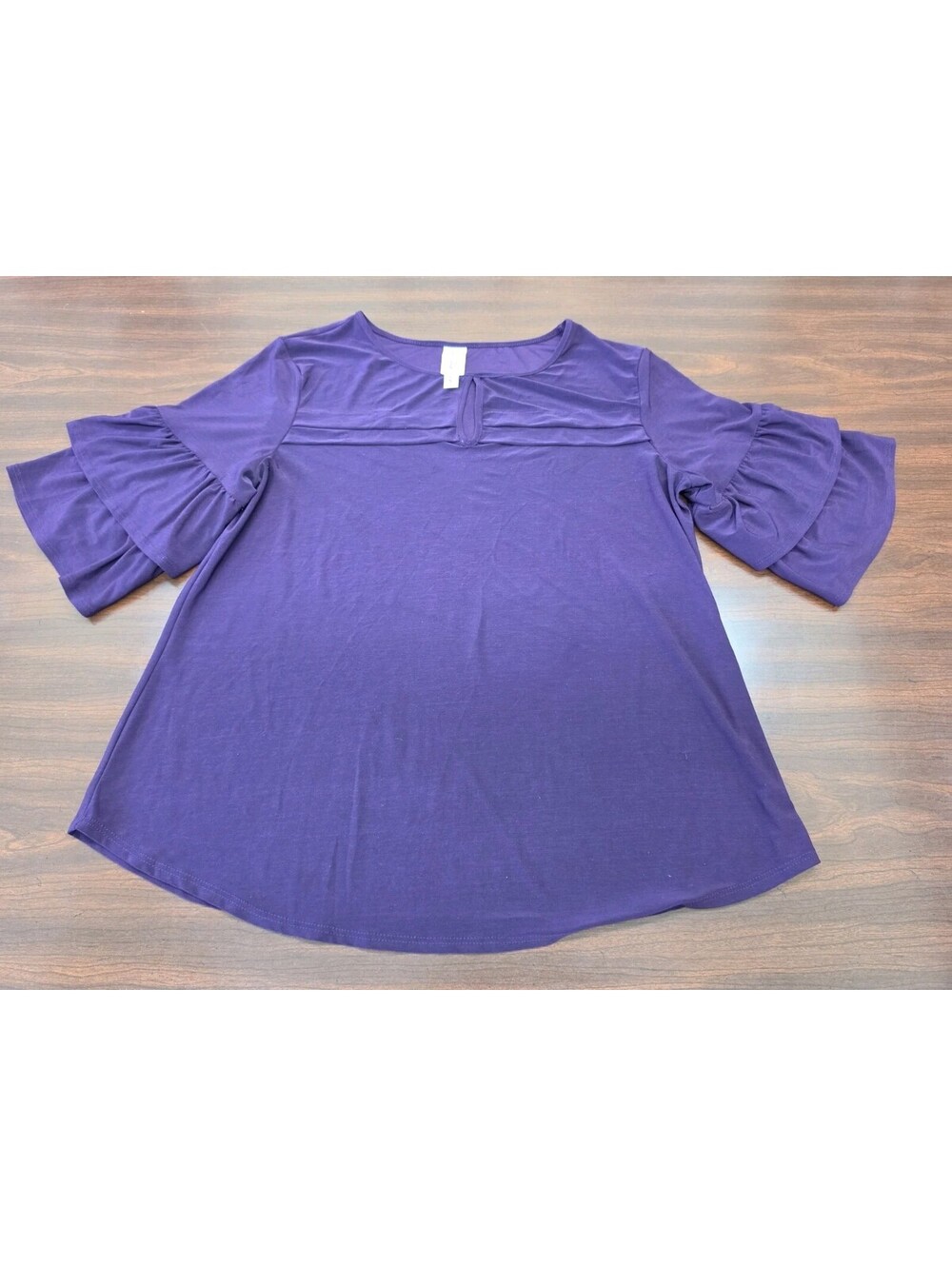 PerSeption M Purple Top Blouse Double Ruffle Bell Sleeve Keyhole Neck Romantic
